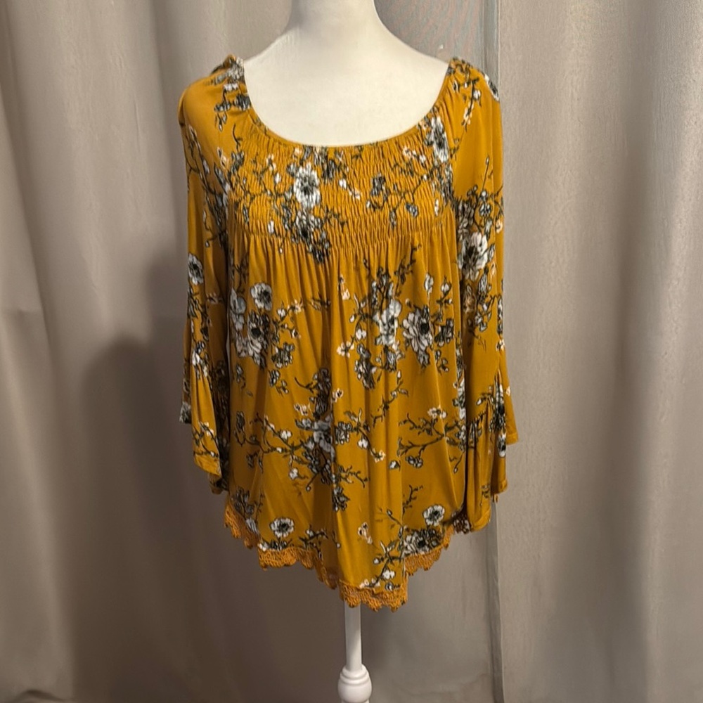 Yellow Gold Flutter Sleeve Smocked Blouse